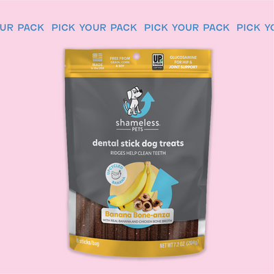 Subscribe and save 25% off your dental stick dog treats in  the Banana Bone-anza flavor.  