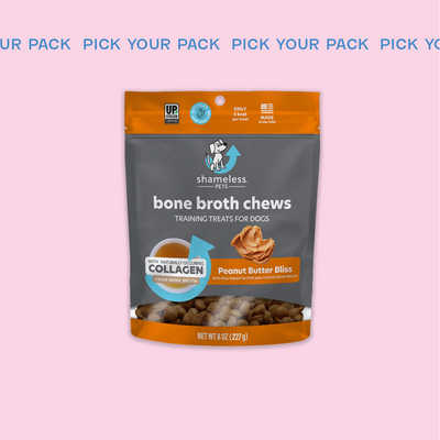 Subscribe and Save on Peanut Butter Bliss Upcycled Bone Broth Chews from Shameless Pets. Subscribe for auto delivery to your home, 25% off savings, and free shipping