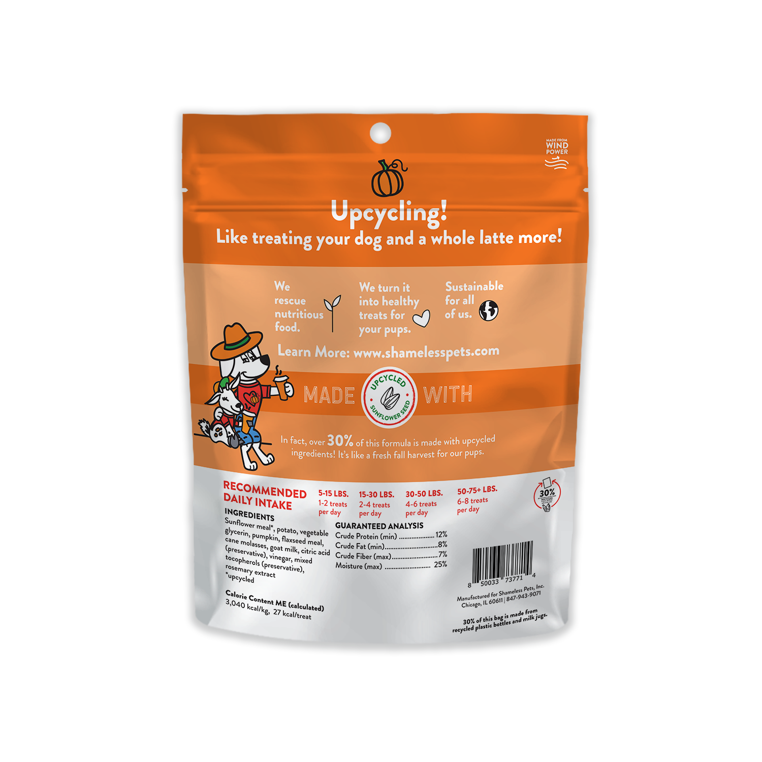 Shameless Pets Pumpkin and Goat's Milk Soft Dog Biscuits with upcycled Sunflower Seeds Back Label