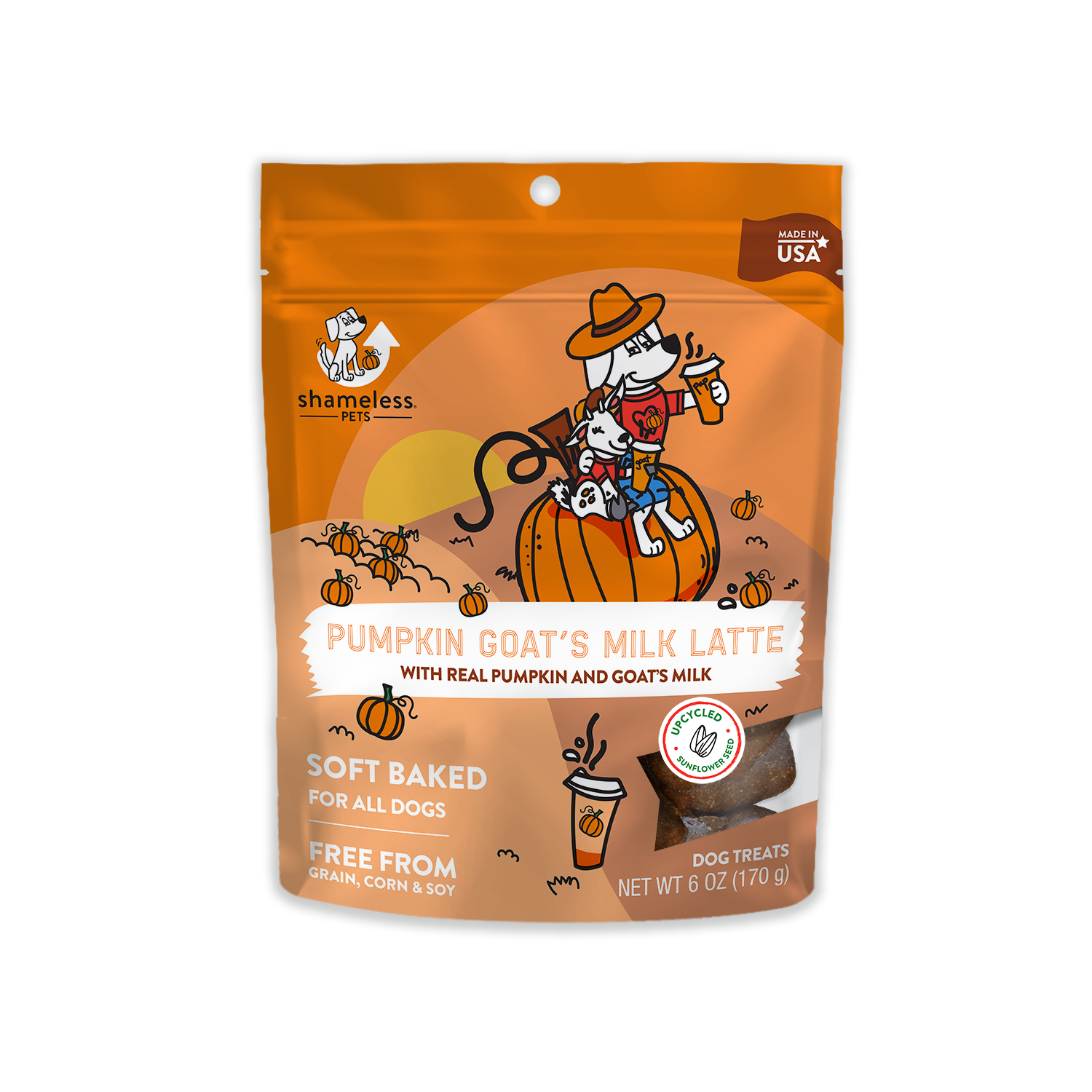 Shameless Pets Pumpkin and Goat's Milk Soft Dog Treats with upcycled Sunflower Seeds Packaging