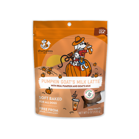 Shameless Pets Pumpkin and Goat's Milk Soft Dog Treats with upcycled Sunflower Seeds Packaging