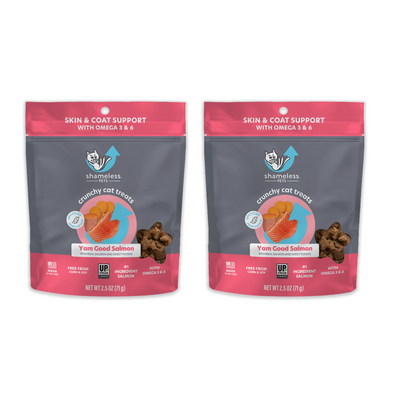 Yam Good Salmon crunchy cat treats 2 pack. Corn and Soy Free. Sustainable pet treats. Made in the USA. 