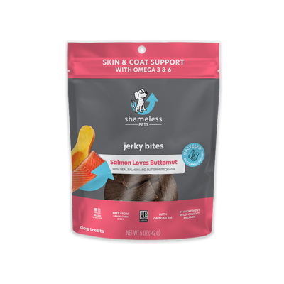 Salmon Loves Butternut Jerky Bites Dog Treats. No artificial flavors. Free from grain, soy and corn. Made in the USA