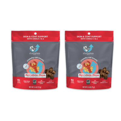 More Lobster Cheese 2-pack crunchy cat treats. Corn and Soy free. Made with real protein and upcycled ingredients. 