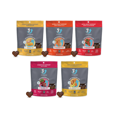 Meat Lovers Variety Pack of Soft Baked Dog Treats. Made with real protein and upcycled ingredients.  Grain, soy and corn free