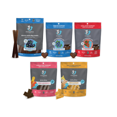 Shameless Pets Best Dog Treats Best Sellers Variety Pack. Soft Baked Biscuits, Jerky Bites, Dental Stick Treats. Made in the USA. Grain-Free.  