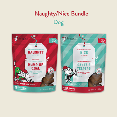 Shameless Pets Holiday treats are here to make the holidays more magical with our Naughty and Nice dog treats bundle.  Flavors include: Carob and Peanut butter and Yogurt and Peppermint
