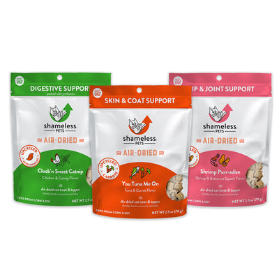 Shameless Pets Air-Dried Cat Variety Pack of 3. Chicken and Catnip, Tuna and Carrot, and Shrimp and Butternut Squash flavor 