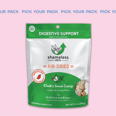 Subscribe and Save on Cluck'n Sweet Catnip Upcycled  Air Dried Cat Treats from Shameless Pets. Subscribe for auto delivery to your home, 25% off savings, and free shipping